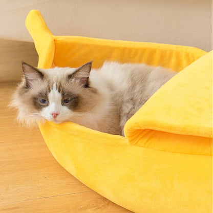 Cat lying in a yellow pet bed on a wooden floor.