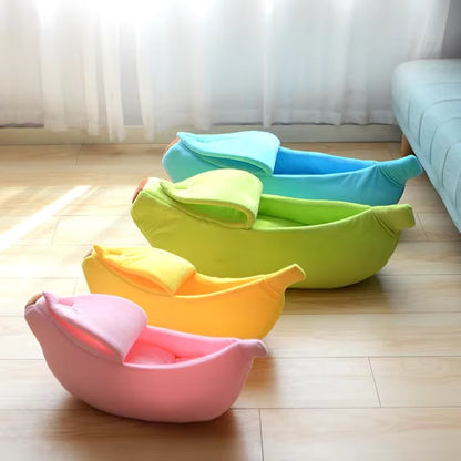 Colorful banana-shaped bean bags on a wooden floor.