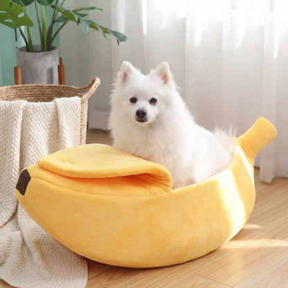 White dog sitting on a banana-shaped pet bed in a room with a plant and basket.