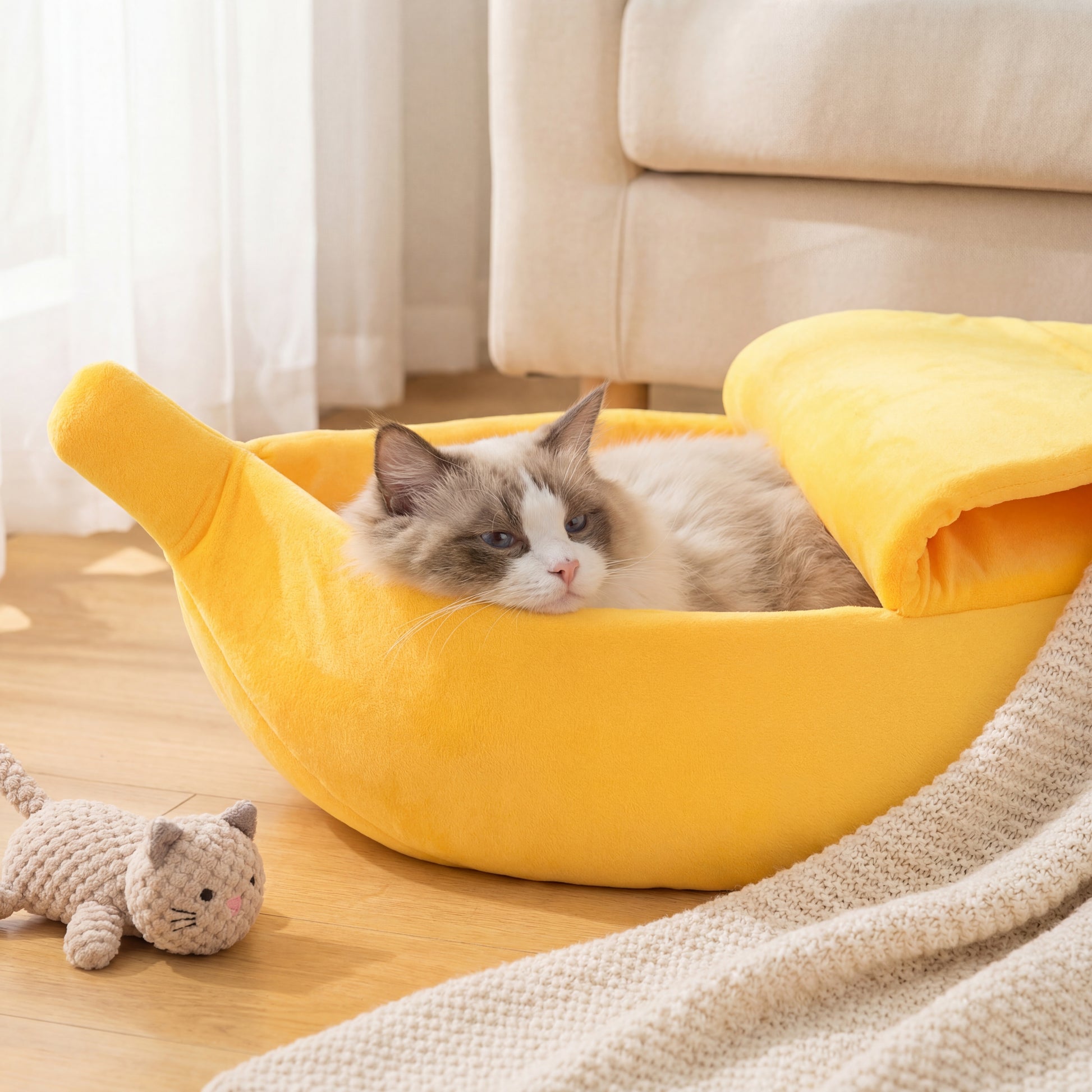 Cat lying in a yellow banana-shaped pet bed on a wooden floor.